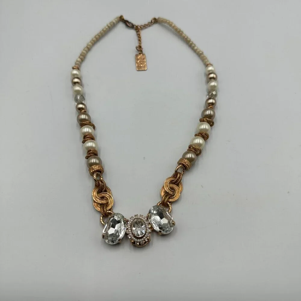 Elisabetta Ricciardi Necklace Rose Gold Tone Faux Pearl Clear Crystal Beaded 16